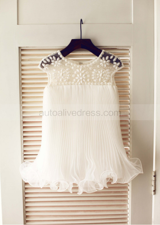 Sheer Beaded Neck Ivory Pleated Organza Curly Hem Flower Girl Dress